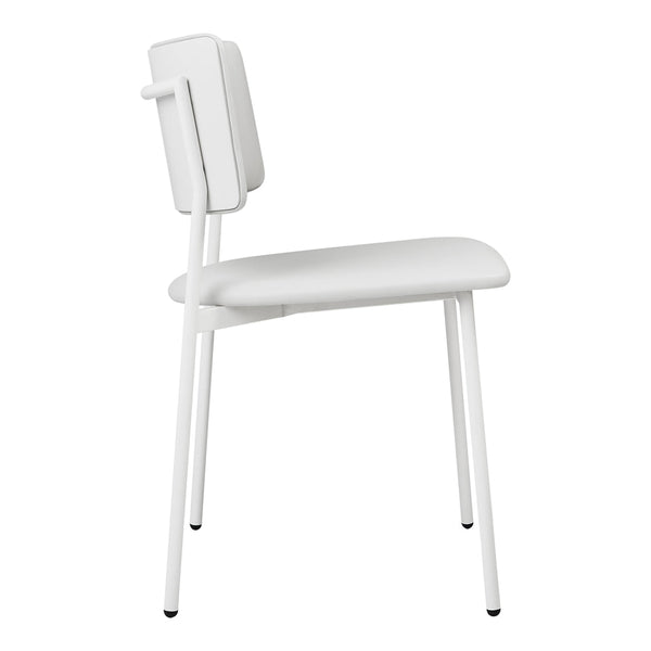 White minimalist chair with smooth matte finish, featuring a sleek, simple design and solid color throughout.