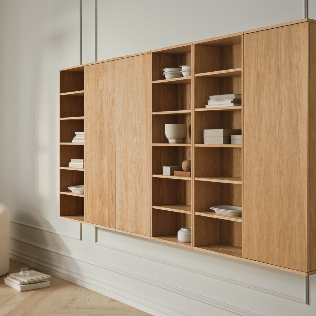 Modern wooden wall shelf unit in light oak with minimalistic design and open and closed storage compartments.