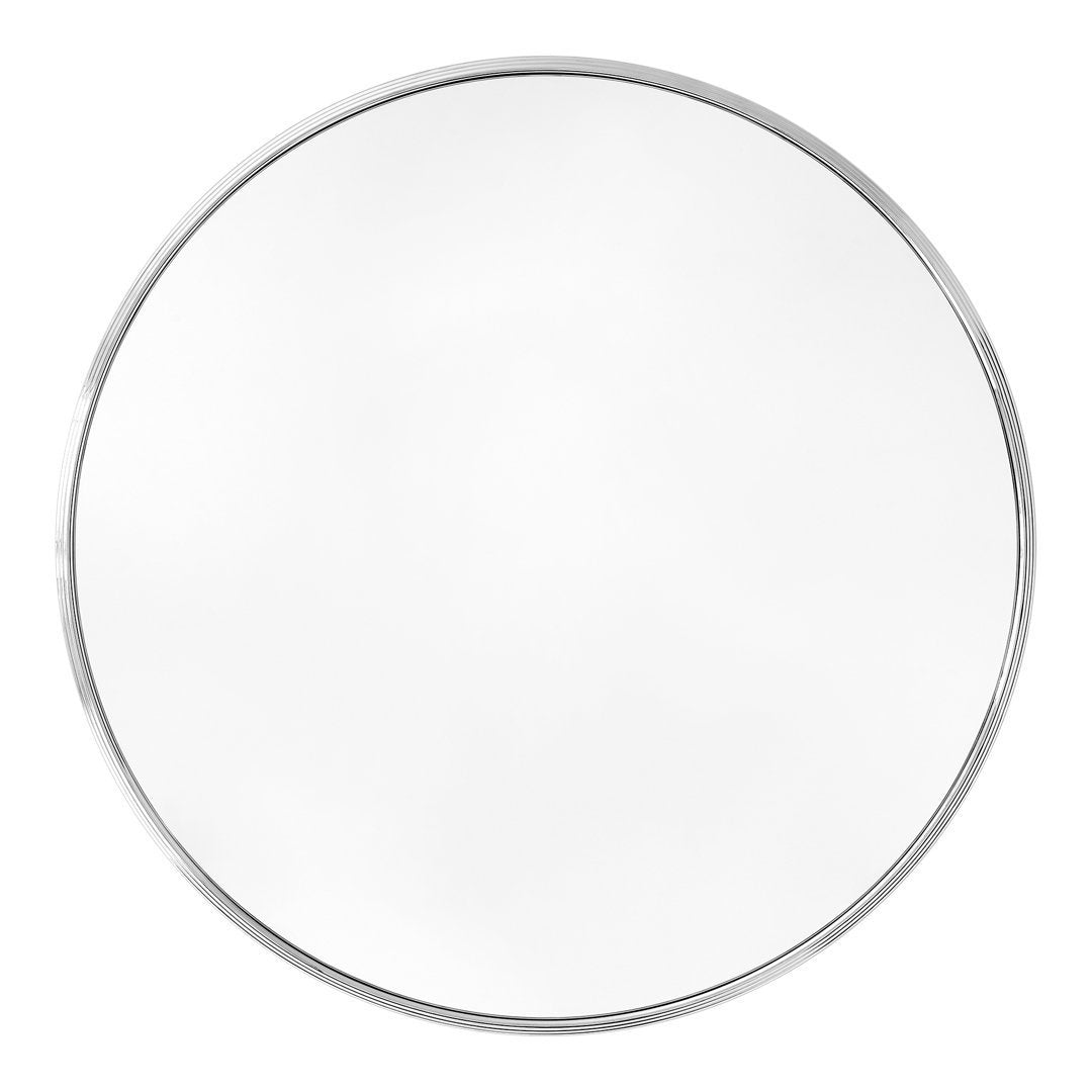 Round mirror with a sleek silver frame and a clear, reflective surface, perfect for modern decor.