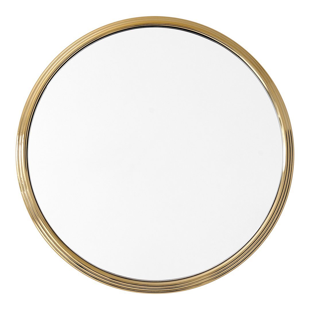 Round wall mirror with a sleek gold rim, showcasing a smooth reflective surface and minimalist design.