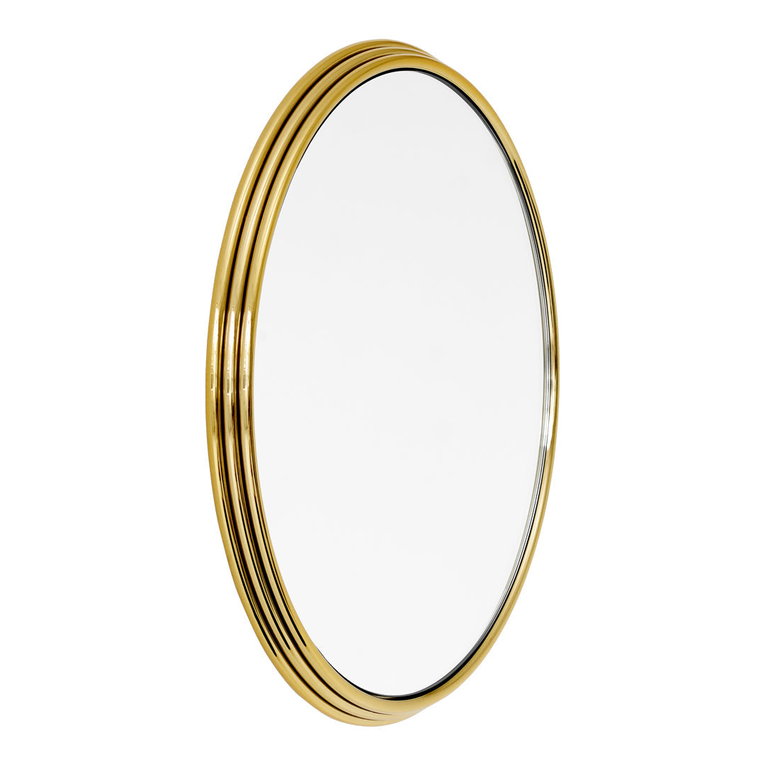 Elegant round mirror featuring a sleek gold rim with a subtle ribbed pattern, perfect for modern decor.