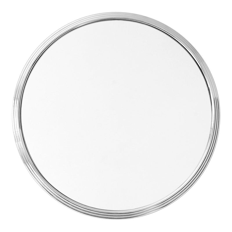 Round mirror with a sleek silver border and a smooth, reflective surface. Ideal for modern decor.
