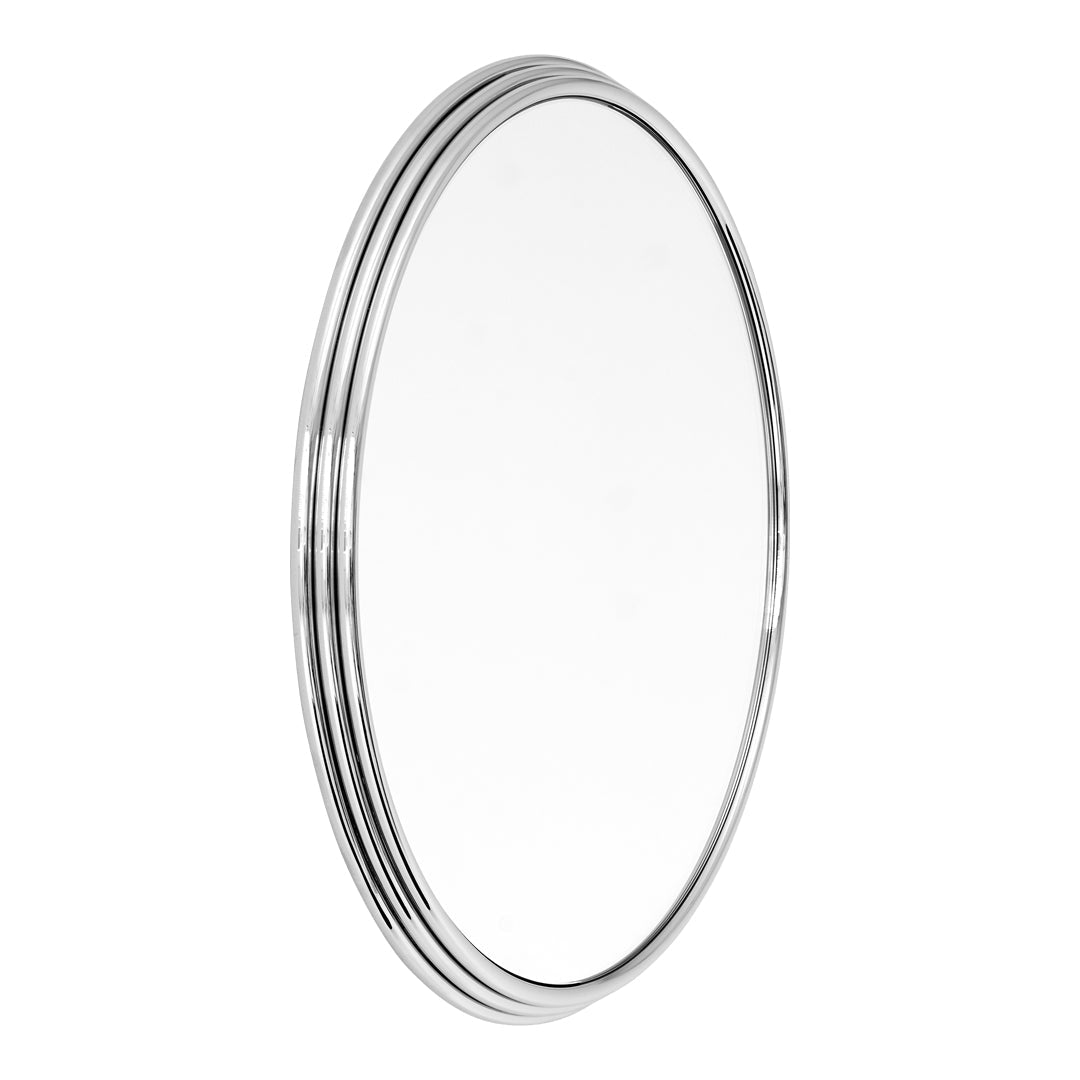 Sleek round mirror with brushed silver frame and subtle textured stripes, reflecting light beautifully.