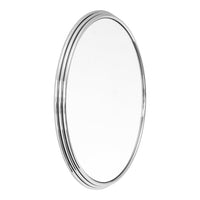 Sleek round mirror with brushed silver frame and subtle textured stripes, reflecting light beautifully.