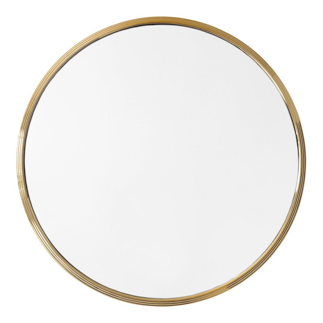 Round mirror with a sleek gold metal frame, featuring a smooth, reflective surface. Perfect for modern decor.