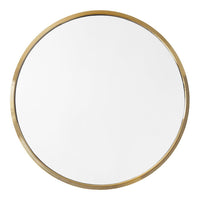 Round mirror with a sleek gold metal frame, featuring a smooth, reflective surface. Perfect for modern decor.