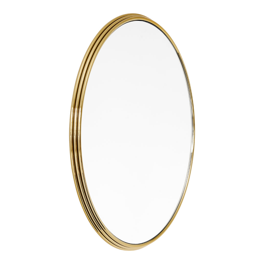 Oval mirror with a sleek gold frame and a polished finish, complementing any modern decor style.