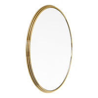 Oval mirror with a sleek gold frame and a polished finish, complementing any modern decor style.