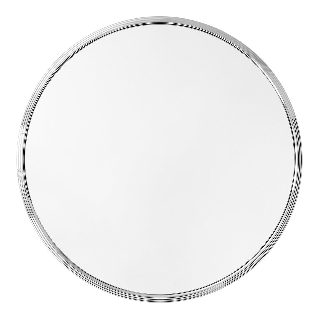 Round wall mirror with a sleek silver frame and a minimalist, reflective surface. Perfect for modern decor.