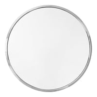 Round wall mirror with a sleek silver frame and a minimalist, reflective surface. Perfect for modern decor.