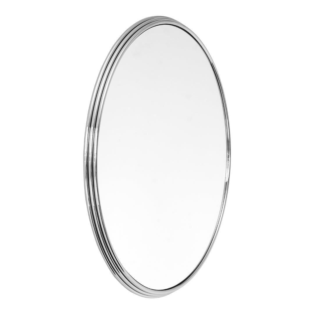 Round mirror with a sleek silver frame and subtle ridged pattern, reflecting clear images. Ideal for modern decor.
