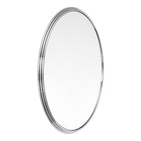 Round mirror with a sleek silver frame and subtle ridged pattern, reflecting clear images. Ideal for modern decor.