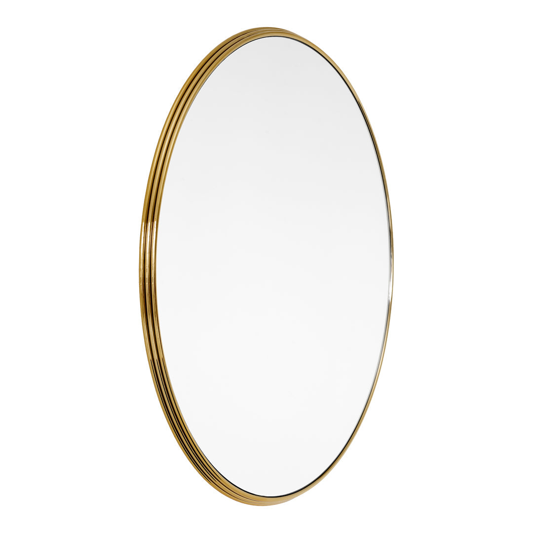 Elegant oval mirror with a sleek gold frame, reflecting a crisp, clear surface. Perfect for modern decor.