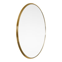Elegant oval mirror with a sleek gold frame, reflecting a crisp, clear surface. Perfect for modern decor.