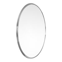 Sleek, round mirror with a silver chrome border, featuring a minimalist, reflective surface. Perfect for modern decor.