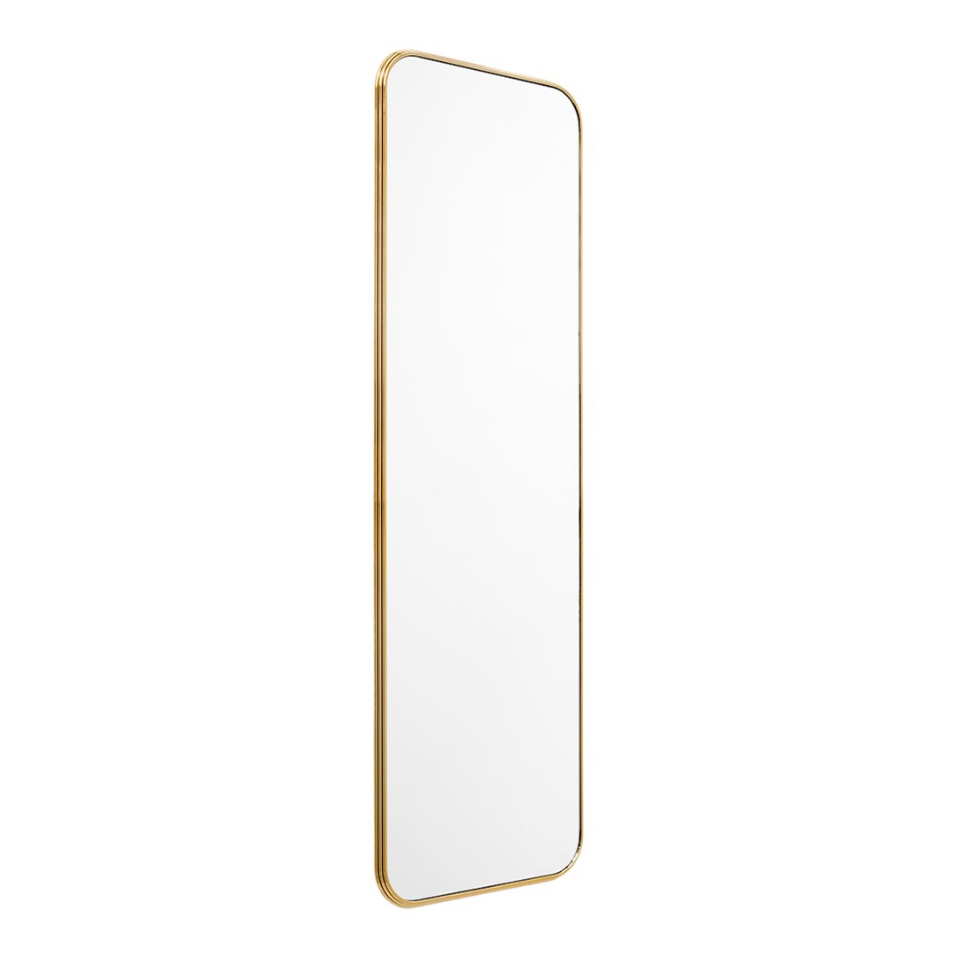 "Vertical mirror with a sleek gold frame and clear reflective surface."