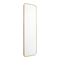 "Vertical mirror with a sleek gold frame and clear reflective surface."