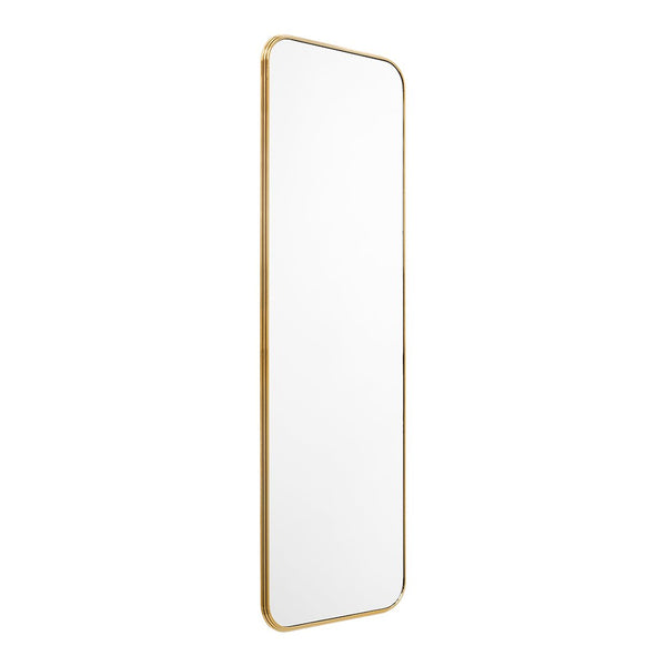 "Vertical mirror with a sleek gold frame and clear reflective surface."