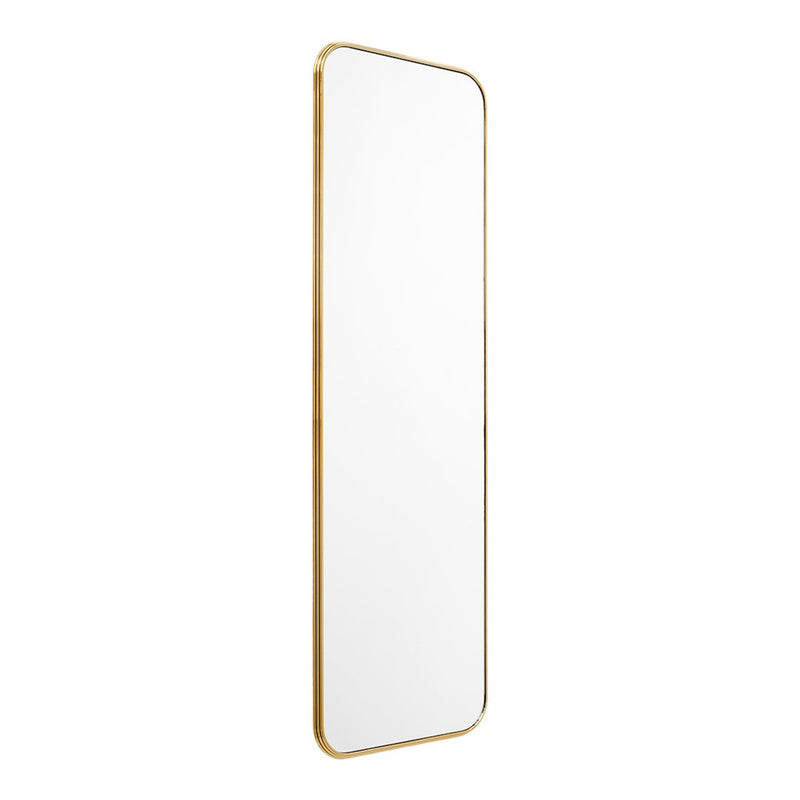 "Vertical mirror with a sleek gold frame and clear reflective surface."
