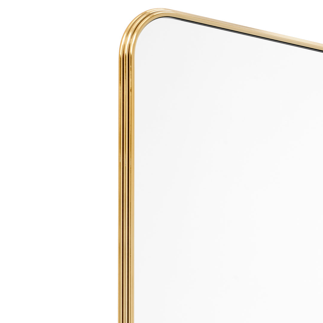 Gold-trimmed rectangular mirror with a sleek, modern edge and clear reflective surface. Ideal for stylish decor.