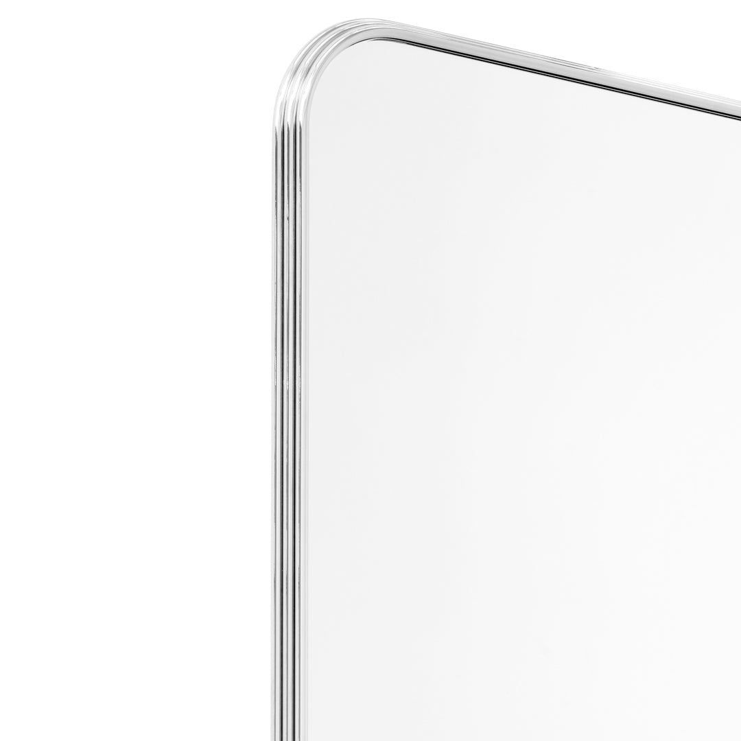 Sleek, frameless mirror with a polished silver edge and a smooth, reflective surface. Perfect for modern decor.