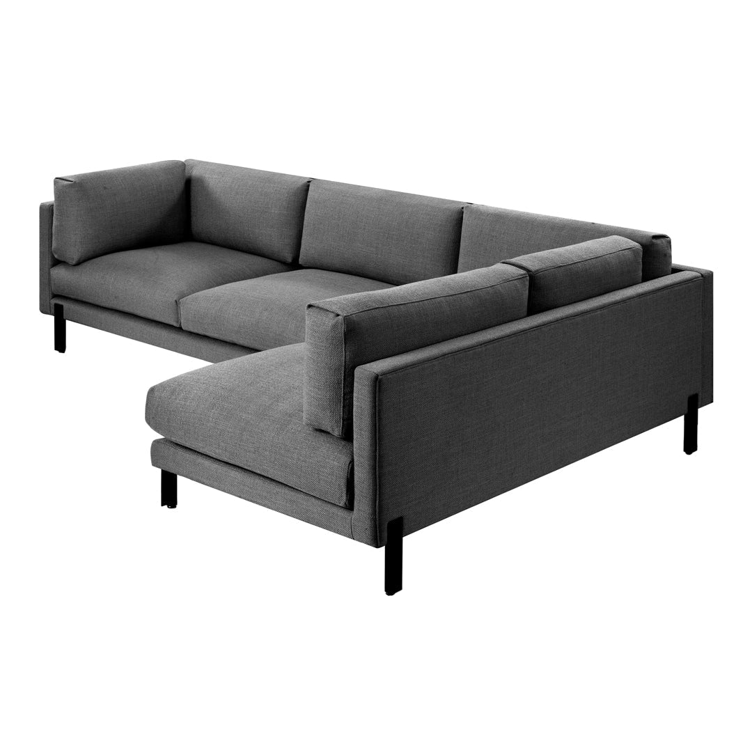 Modern gray sectional sofa with clean lines and plush cushions, featuring a minimalist design and sleek black legs.