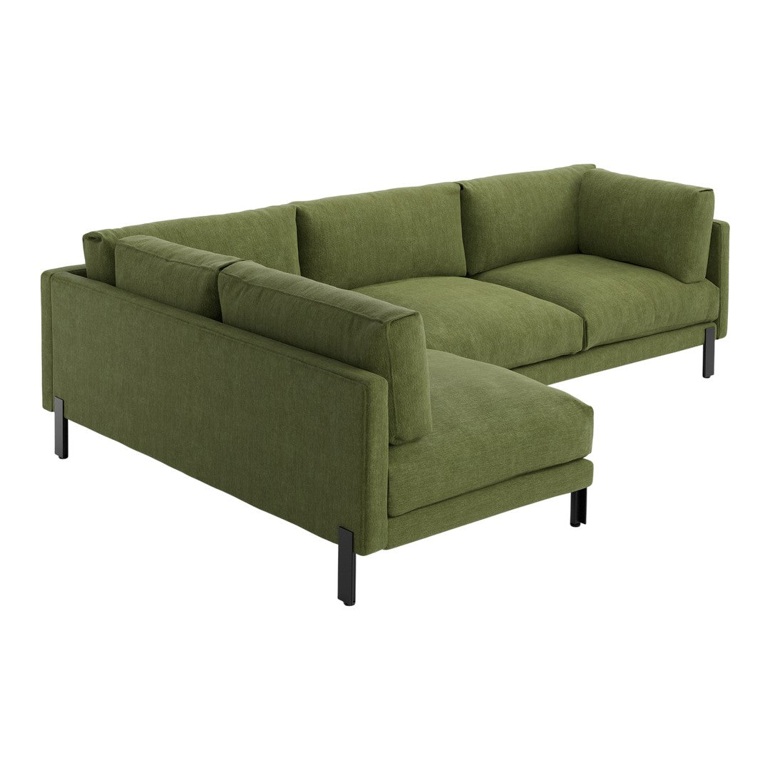 Lush green sectional sofa with a modern design and clean lines, featuring a textured fabric and sturdy black legs.