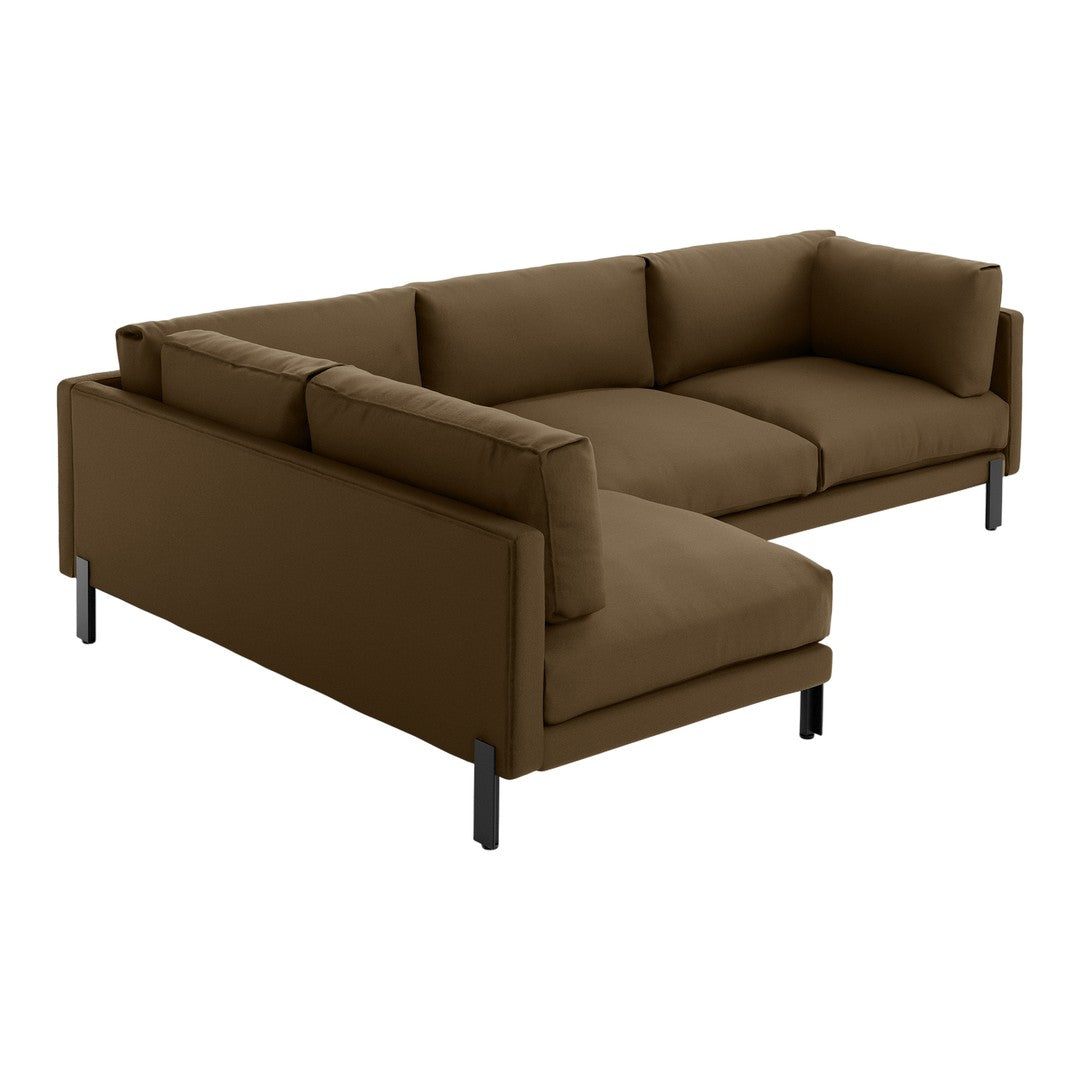 Brown sectional sofa with a smooth, solid pattern and sleek black metal legs. Perfect for modern living spaces.