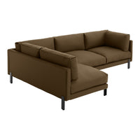 Brown sectional sofa with a smooth, solid pattern and sleek black metal legs. Perfect for modern living spaces.