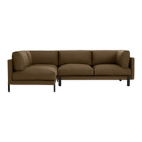 Brown sectional sofa with simple, clean lines and soft, textured fabric cushions. Perfect for modern living spaces.