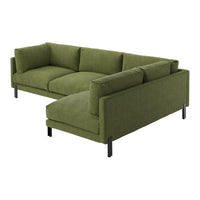 "Modern green sectional sofa with a clean design and textured fabric, featuring a sleek black metal frame."