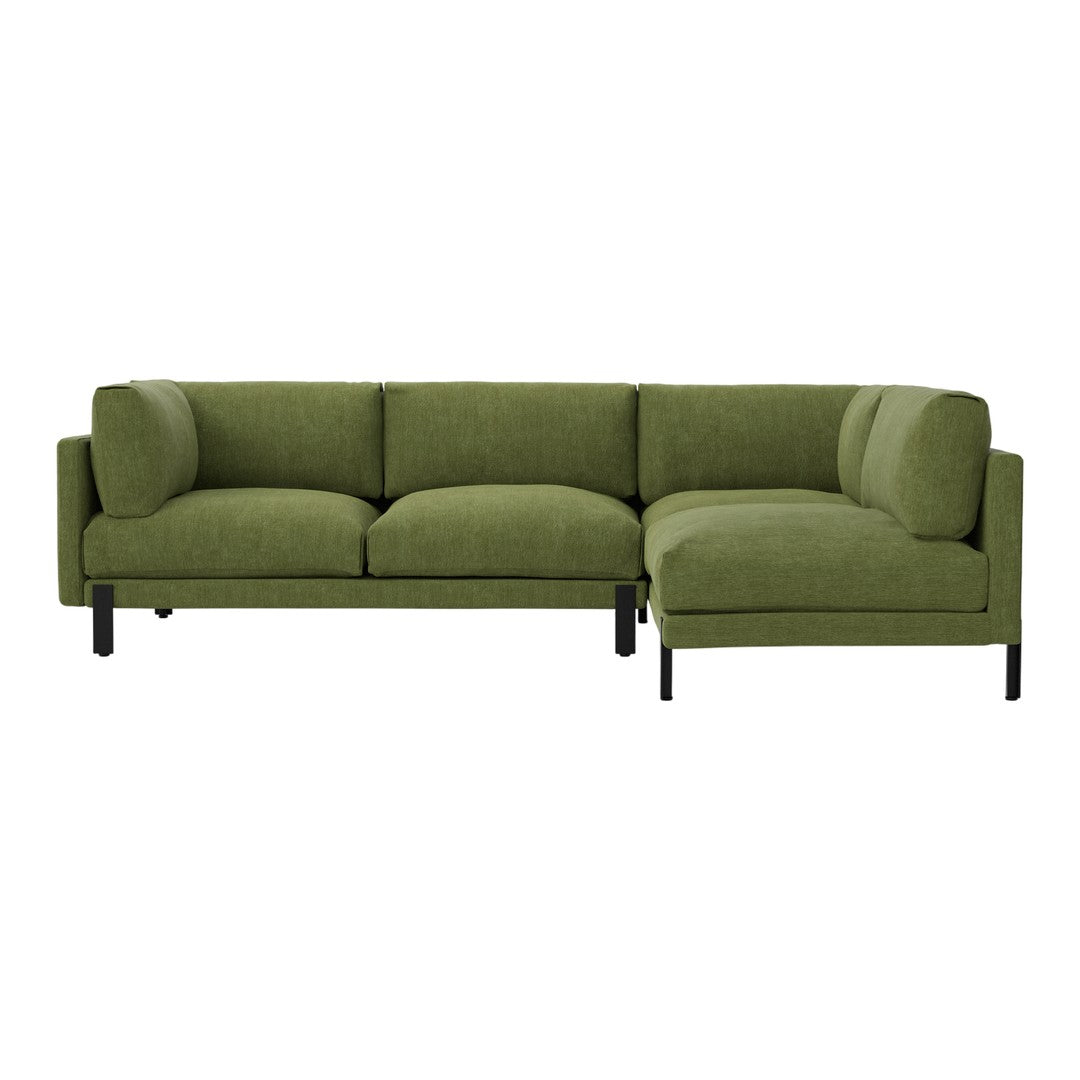 Green sectional sofa with a modern design and plush cushions, featuring a solid color and sleek black legs.