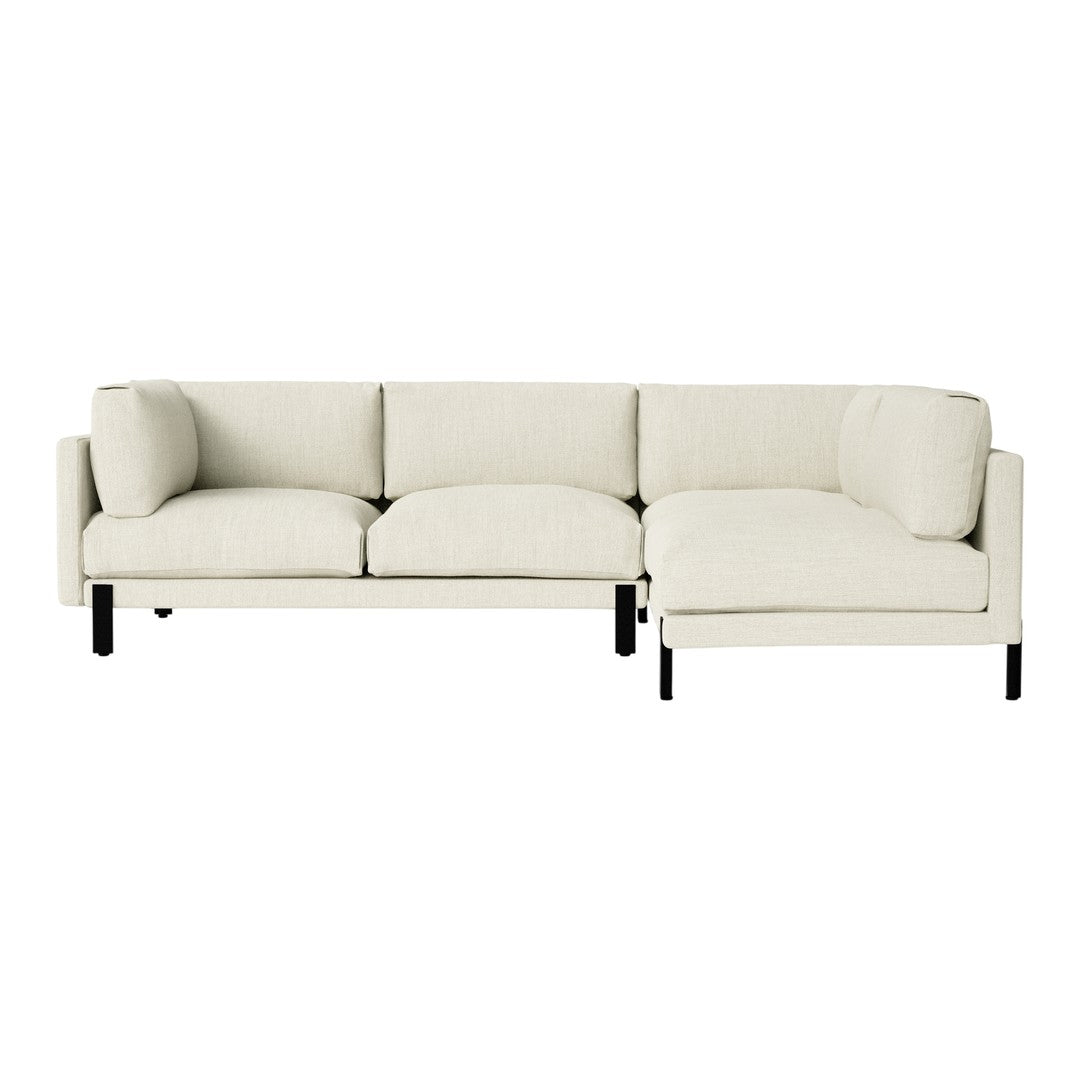 Modern white modular sofa with clean lines and minimalistic design, featuring soft fabric upholstery and black legs.