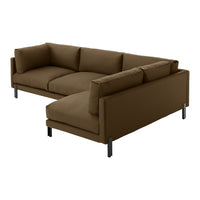 Brown sectional sofa with a sleek, modern design and clean lines, featuring plush cushions and black metal legs.