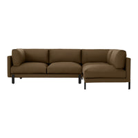 Brown sectional sofa with a modern design and soft cushions, featuring sleek black metal legs.