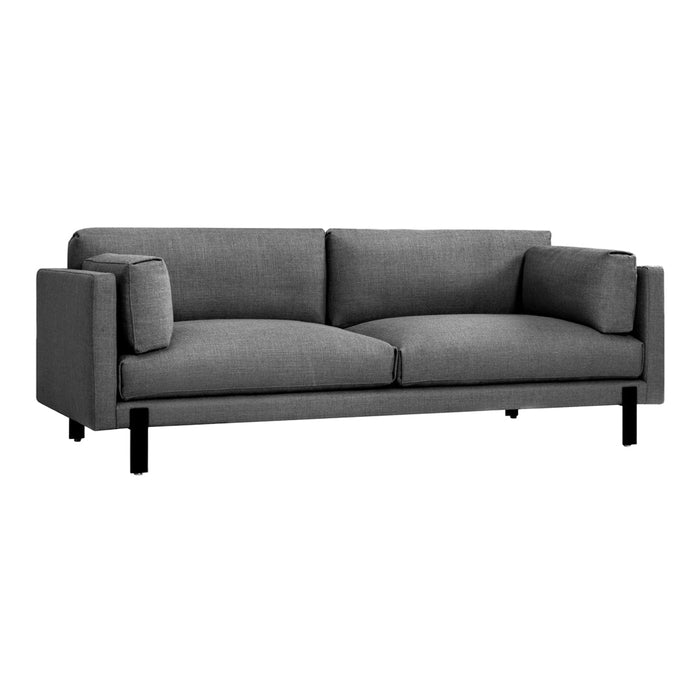 Gray fabric sofa with a sleek, minimalist design and contrasting black legs. Perfect for modern living spaces.
