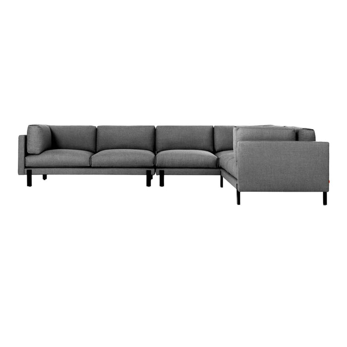 Modern gray sectional sofa with clean lines and a minimalist design, featuring plush cushions and sleek black legs.