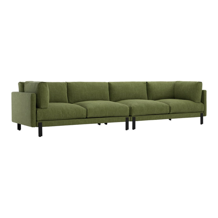 Sleek green sofa with a textured fabric, complemented by black metal legs for a modern touch.