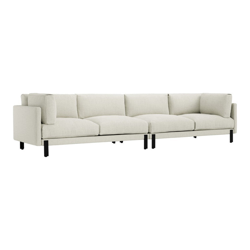 Light beige fabric sectional sofa with black legs, featuring a smooth, minimalist design and no visible patterns.