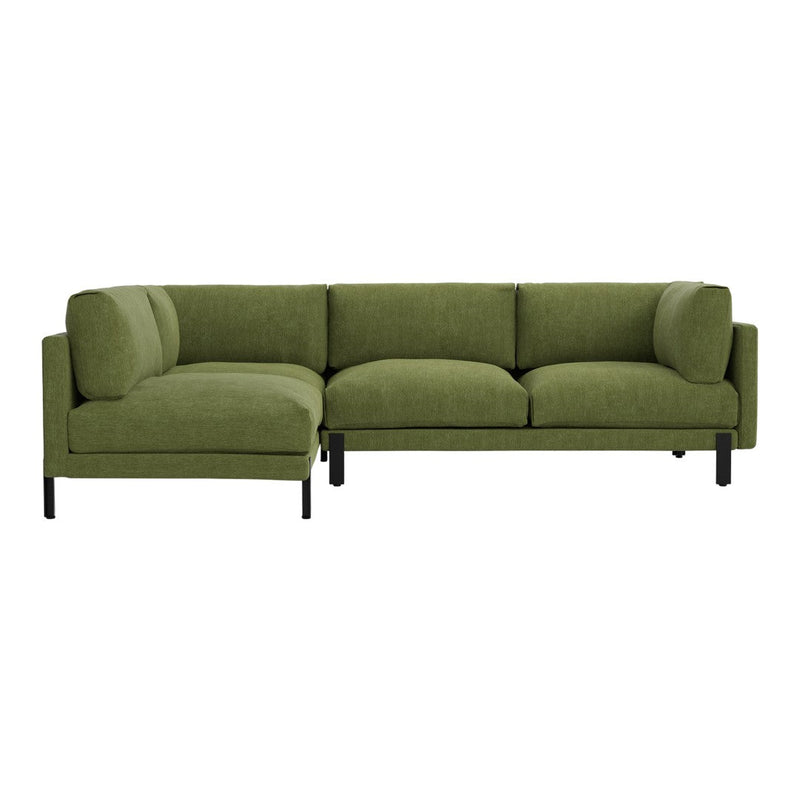 "Modern L-shaped sofa in vibrant green fabric with minimalist black legs, featuring smooth and soft cushioning."