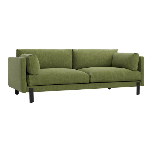 Modern green sofa with textured fabric and contrasting black legs, perfect for contemporary living spaces.