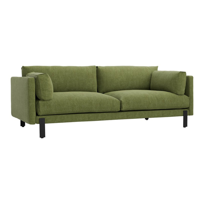 Modern green sofa with textured fabric and contrasting black legs, perfect for contemporary living spaces.