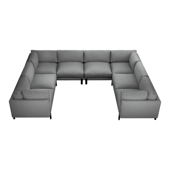 Gray sectional couch with a sleek, modern design and a soft, textured fabric finish. Ideal for any living space.