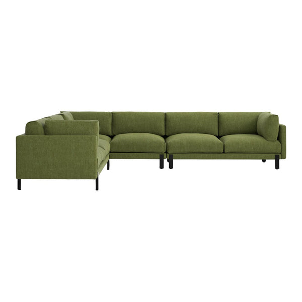 L-shaped sectional sofa in vibrant olive green fabric with a textured pattern and sleek black legs.