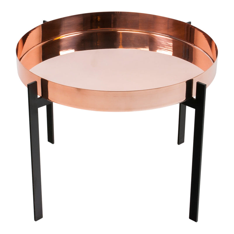 Round copper tray table with a smooth metallic finish and sleek black legs, combining elegance and modern design.