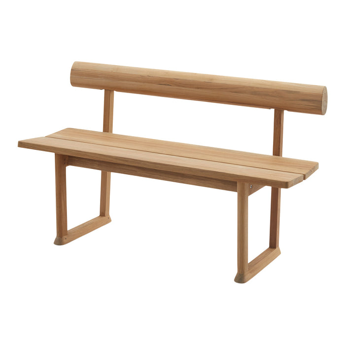 Natural wood bench with a smooth beige finish and minimalistic design, featuring rounded backrest and clean lines.