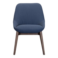 Blue upholstered chair with a smooth texture and wooden legs, featuring a modern design and minimalist style.