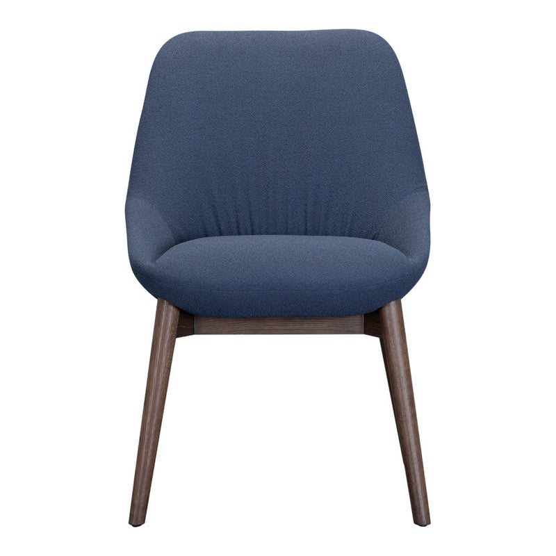 Blue upholstered chair with a smooth texture and wooden legs, featuring a modern design and minimalist style.