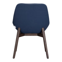 Navy blue chair with a modern design and dark wooden legs, featuring a solid fabric pattern.
