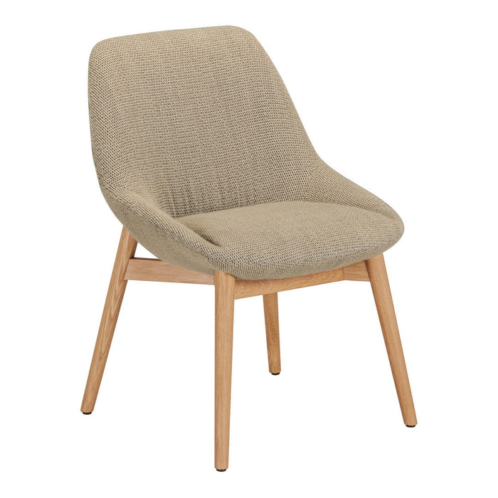Textured beige upholstery chair with natural wood legs, perfect for modern, minimalist decor.
